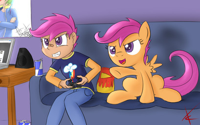 alternate_species bandage can clothed clothing computer container controller duo electronics feathered_wings feathers female feral furniture game_controller hair humanized inside laptop orange_body orange_feathers purple_eyes purple_hair sitting sofa speaker square_crossover tail wings young young_feral crade friendship_is_magic hasbro my_little_pony mythology scootaloo_(mlp) equid equine horse human mammal mythological_creature mythological_equine pegasus pony 2012