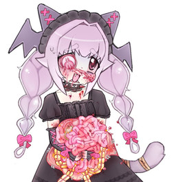 accessory alternative_fashion bandage bandaged_tail blood bodily_fluids bow_ribbon braided_hair clothed clothing dress fangs female gore goth gothic_lolita guts hair hair_accessory hair_bow hair_ribbon head_wings intestines j-fashion lolita_(fashion) long_hair open_mouth organs purple_hair ribbons simple_background smile solo tail teeth unusual_wing_placement white_background wings alunka animal_humanoid humanoid mammal digital_media_(artwork)