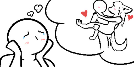anthro blush bodily_fluids breasts bridal_carry carrying_another daydream duo female fur heart_symbol male nude simple_background tail tears thought_bubble beau_kozer canid canine human mammal digital_media_(artwork)