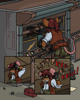 anthro battery bodily_fluids boots claws clothed clothing collared_shirt destruction dress_shirt duo engineer_(profession) eyewear female footwear gear gloves goggles hair handwear leg_harness machine male male/female micro overalls pipe ponytail screwdriver shirt shoes size_difference startled sweat tail text tired toolbox tools topwear vest wrench myaxy mammal mouse murid murine rodent 4:5 absurd_res comic hi_res