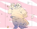 anthro bottomwear carrying_another clothing duo eyes_closed eyewear glasses humanoid_hands kemono male overweight overweight_male shirt shorts size_difference topwear inunoshippo canid canine canis domestic_dog mammal procyonid raccoon 2022