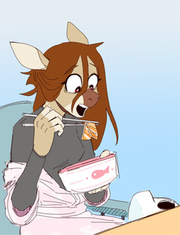 anthro chopsticks eating female food mask meat open_mouth red_eyes salmon_(food) sashimi simple_background snout redxbacon redxfur red_eyes_(redxfur) deer mammal flat_colors