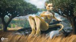 16:9 3d_(artwork) anthro breasts choker choker_only countershading covering covering_breasts digital_media_(artwork) felid female jewelry jewelry_only lion mammal necklace necklace_only nipples nude outdoor_nudity outside pantherine plant rock sitting solo tail text tree url widescreen zorryn