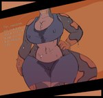 anthro big_breasts bodily_fluids breasts camel_toe cleavage clothed clothing dialogue female genitals grey_body grey_scales hand_on_hip jewelry navel nipple_outline non-mammal_breasts orange_body orange_scales scales solo sweat sweaty_breasts sweaty_genitalia tail thick_thighs tight_clothing wide_hips workout_clothing amadboii nadjet_(staircat) hybrid python reptile scalie snake titanoboa hi_res