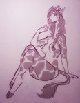 anthro bent_legs braided_hair breasts cloven_hooves female hair hooves horn leaning leaning_backward lidded_eyes looking_at_viewer markings nipples ossicone sitting solo spots spotted_markings tail tail_tuft thick_thighs tuft kaylii gracey_halvenka giraffe giraffid mammal 2020 hi_res restricted_palette sketch
