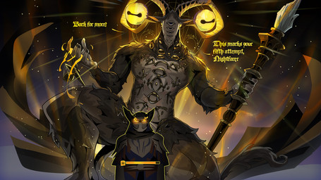 anthro armor biped black_body black_fur chest_piercing convenient_censorship crouching duo flaming_eyes fur gameplay_mechanics headgear helmet holding_object holding_staff horn_eyes knight male male_anthro multi_eye neck_eye scales_(measuring) smile smiling_at_viewer staff talking_to_viewer text warrior white_body white_skin yellow_eyes fluffy_cactus elden_ring elden_ring_nightreign fromsoftware libra_creature_of_night wylder_(nightreign) bovid caprine caprine_demon demon goat_demon human mammal 16:9 2025 digital_media_(artwork) english_text hi_res widescreen