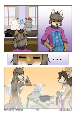 3d_background anthro apron areola bathing bench blue_eyes bottomwear bowl breasts brown_body brown_fur brown_hair cheek_tuft clothed clothing communal_shower container cooking_pot cup cutlery dirty dish duo facial_tuft female fully_clothed fur grey_body grey_bottomwear grey_clothing grey_fur grey_hair group_shower hair hime_cut inner_ear_fluff inside kitchen kitchen_utensils long_hair mug nipples nude plate purple_clothing purple_sweater purple_topwear shower shower_room showering sink slim small_breasts solo standing sweater tail tan_body tan_fur tied_hair tools topwear towel tuft washing_dishes white_body white_fur foxboy83 tootaloo vixen_logic ferra_(vixen_logic) zerda_(vixen_logic) canid canine fennec_fox fox mammal tibetan_sand_fox true_fox 3d_(artwork) colored comic digital_media_(artwork) hi_res mixed_media