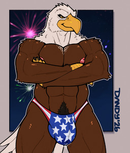 abs american_flag_underwear anthro balls beak bodily_fluids border brown_body bulge clothed clothing crossed_arms feathers fireworks genital_fluids genitals grey_border holidays jockstrap jockstrap_only leaking_precum male muscular muscular_anthro muscular_male muscular_thighs navel nipples non-mammal_balls non-mammal_navel non-mammal_nipples orange_beak pecs pink_nipples precum precum_through_clothing precum_through_underwear pubes solo standing tail topless underwear underwear_only united_states_of_america wet wet_clothing white_body white_feathers dandy_is_lion 4th_of_july accipitrid accipitriform avian bald_eagle bird eagle sea_eagle dated hi_res