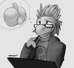 anthro anus balls big_balls big_butt butt clothing drawing_tablet eyewear genitals glasses hoodie male raised_tail smile solo stylus tablet tail teeth thought_bubble topwear tankh halo_(series) marathon microsoft xbox_game_studios kiggy alien kig-yar ruuhtian_(kig-yar) scalie digital_media_(artwork) monochrome