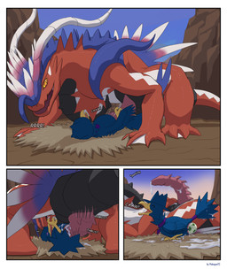 3_panel_comic after_sex animal_genitalia anus beak big_penis black_body blue_body blue_feathers bodily_fluids cloacal cloacal_penetration close-up cum cum_dripping_from_penis cum_in_cloaca cum_inside dewlap_(anatomy) duo egg egg_from_cloaca erection feathers feet feral feral_on_feral feral_penetrated feral_penetrating feral_penetrating_feral from_front_position genital_fluids genital_slit genitals large_penetration larger_male lying male male/male male_penetrated male_penetrating male_penetrating_male markings membrane_(anatomy) missionary_position mountain nest on_back onomatopoeia open_beak open_mouth orange_eyes orgasm outside oviposition penetration penile penile_penetration penile_spines penis pink_body pink_feathers pregnant pregnant_feral pregnant_male pupils purple_eyes red_body red_scales scales sex size_difference slit_pupils smaller_male smaller_penetrated solo_focus sound_effects tail text toes webbed_feet white_body white_feathers white_markings wings yellow_sclera pokegontc nintendo pokemon fan_character ancient_pokemon apex_build_koraidon avian generation_2_pokemon generation_9_pokemon koraidon legendary_pokemon murkrow paradox_pokemon pokemon_(species) scalie 2026 comic digital_media_(artwork) hi_res