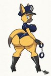 anthro big_breasts big_butt blue_eyes boots breasts butt clothing cuff_(restraint) eyelashes female footwear handcuffs high_heeled_boots high_heels huge_butt huge_hips looking_at_viewer metal_cuffs police police_uniform rear_view restraints shoes solo thick_thighs uniform wide_hips tansau canid canine canis domestic_dog german_shepherd herding_dog mammal pastoral_dog 2022 digital_media_(artwork) hi_res