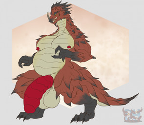 anthro areola balls barazoku belly biceps big_balls big_belly big_penis black_body black_claws black_feet black_hands black_scales claws digitigrade erect_nipples facial_horn fangs feet flaccid genitals horn huge_balls huge_penis looking_at_viewer male mouth_closed multicolored_body multicolored_scales nipples no_sclera nose_horn nude nude_anthro nude_male overweight overweight_anthro overweight_male pecs penis pseudo_hair pupils red_areola red_body red_nipples red_scales ridged_penis scales scaly_tail simple_background slit_pupils solo standing tail tan_balls tan_belly tan_chest teeth thick_thighs toe_claws yellow_eyes daikuhiroshiama capcom monster_hunter elder_dragon lao-shan_lung 2025 hi_res