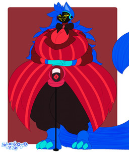3_toes 4_fingers anthro big_breasts big_feet blue_body blue_fur blue_hair bottomwear bow_tie breasts claws clothed clothing cosplay crossover_cosplay cybernetics feet female fingers fur hair long_tail machine protogen_visor red_clothing red_outfit smile standing suit tail teeth toes topwear yellow_eyes sokoyo_owo hazbin_hotel hellaverse starry_(sokoyo_owo) canid canine cyborg mammal protogen crossover hi_res