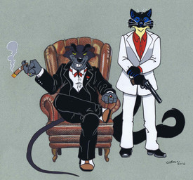 .357_magnum anthro armchair bad_trigger_discipline black_body black_fur black_nose boss bottomwear bow_tie chair cheek_tuft cigar cigar_smoke claws clothed clothed_anthro clothed_male clothing collared_shirt colt_python countershade_neck countershading crossed_legs dress_shirt duo eyewear facial_tuft floating_eyebrows fully_clothed fully_clothed_anthro fully_clothed_male fur furniture gangster glasses grey_body grey_fur grin grinning_at_viewer gun handgun holding_arm holding_cigar holding_gun holding_handgun holding_object holding_ranged_weapon holding_revolver holding_weapon inner_ear_fluff long_tail looking_at_viewer mafia male mob mob_boss mobster pants pince-nez ranged_weapon red_clothing red_dress_shirt red_shirt red_topwear revolver ring ring_(jewelry) serious_face shirt simple_background sitting sitting_on_armchair smile smiling_at_viewer smoke smoking smoking_cigar standing suit tail topwear tuft weapon whiskers white_bottomwear white_clothing white_pants white_suit white_suit_jacket yellow_eyes roz_gibson colt's_manufacturing_company don_bluth the_secret_of_nimh jack_salem jenner_(nimh) gulonine mammal marten murid murine mustelid musteline rat rodent sable_(marten) 2016 crossover signature traditional_media_(artwork)
