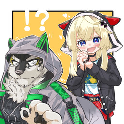 anthro black_clothing black_pawpads blonde_hair blue_eyes blush clothing duo female hair hoodie interrobang male pawpads topwear white_clothing sdeekkk lifewonders live_a_hero melide monomasa canid canine canis domestic_dog human husky mammal nordic_sled_dog spitz 1:1 hi_res