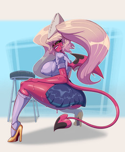 big_breasts big_butt blonde_hair bodily_fluids bottomwear breasts butt clothing collared_shirt crouching dress_shirt dunce_cap eyebrow_through_hair eyebrows eyelashes female footwear furniture hair half-closed_eyes hat headgear headwear high_heels knee_highs knee_socks legwear long_hair looking_at_viewer membrane_(anatomy) membranous_wings miniskirt narrowed_eyes not_furry panties pigtails pink_body pink_eyes pink_skin pleated_skirt school_uniform shirt shoes skirt smile socks solo spade_tail stool sweat tail teeth thick_thighs topwear translucent translucent_hair underwear uniform wings yellow_sclera stormrayneart hellaverse helluva_boss verosika_mayday humanoid succubus 2025 hi_res