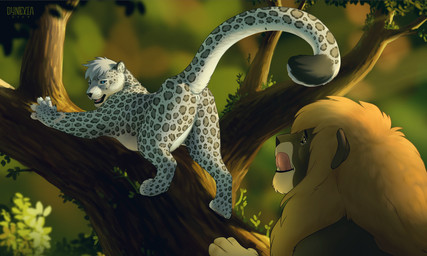 animal_genitalia animal_vulva duo feline_genitalia feline_vulva female feral genitals male male/female markings plant spots spotted_body tree vulva dynexia ujasiri_(ajabu) felid leopard lion mammal pantherine 2023 5:3
