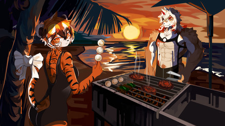 amber_eyes anthro beach black_body black_fur black_hair black_nose bow_tie breasts brown_body brown_fur butt clothing countershading day duo eyewear female food fur glasses hair holding_object kebab male multicolored_body multicolored_fur multicolored_hair orange_body orange_fur orange_hair outside red_body red_fur seaside sunset swimwear tongs tools water white_body white_fur white_hair pdragonn arknights hypergryph studio_montagne hung_(arknights) waai_fu_(arknights) canid canine canis domestic_dog felid mammal pantherine tiger 16:9 2020 4k absurd_res hi_res widescreen
