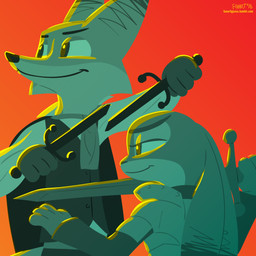 anthro armor cape clothed clothing dagger dual_wielding duo female holding_melee_weapon holding_object holding_sword holding_weapon male melee_weapon smile sword text topwear vest weapon fanartiguess disney zootopia judy_hopps nick_wilde canid canine fox lagomorph leporid mammal rabbit red_fox true_fox 1:1 2016 absurd_res hi_res restricted_palette signature url