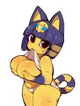 animal_crossing ankha_(animal_crossing) anthro armor big_breasts blue_hair blush blush_lines bodily_fluids breasts brown_eyes clothed clothing clothing_lift domestic_cat exposed_breasts felid feline felis female fukurou_ya fur hair hi_res holding_breast huge_breasts looking_at_viewer mammal markings mouth_hold nintendo panties red_eyes shirt shirt_in_mouth shirt_lift short_stack simple_background solo sweat tail tail_markings thick_thighs topwear underwear uraeus vambrace white_background white_clothing yellow_body yellow_fur yellow_inner_ear