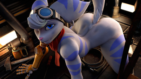 5_fingers all_fours anthro big_ears blue_body blue_eyes blue_fur blue_stripes butt cybernetic_arm cybernetic_limb detailed_background ear_piercing ear_ring eyewear eyewear_on_head female fingers fluffy fluffy_tail fur goggles goggles_on_head grey_body grey_fur grey_hair hair hammer inside long_tail looking_at_viewer medium_butt mostly_nude multicolored_body multicolored_fur nude nude_anthro nude_female oil_can piercing red_scarf ring_piercing scarf scarf_only screwdriver sledgehammer smile solo striped_body striped_fur stripes tail tasteful_nudity thick_thighs tools two_tone_body two_tone_fur wide_hipped_anthro wide_hipped_female wide_hips honorboundnoob warfaremachine_(modeler) ratchet_and_clank sony_corporation sony_interactive_entertainment rivet_(ratchet_and_clank) lombax mammal 16:9 2025 3d_(artwork) digital_media_(artwork) hi_res source_filmmaker_(artwork) widescreen
