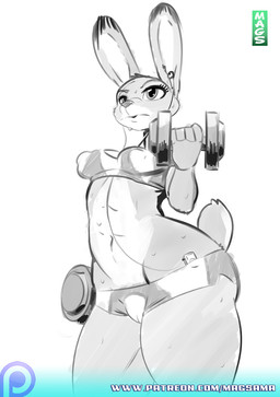 abs anthro athletic athletic_anthro athletic_female bodily_fluids bottomwear bra camel_toe clothed clothing earbuds electronics exercise female headphones hotpants navel nipple_outline patreon_logo portable_music_player shorts skimpy solo sports_bra sweat text thick_thighs underwear website_logo workout magsama disney patreon zootopia judy_hopps lagomorph leporid mammal rabbit 2016 partially_colored url