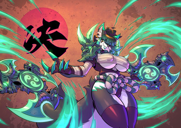 anthro big_breasts black_body black_fur black_hair blade breasts chest_wraps cjk_character clothing countershading female fox_ears fox_tail fur green_body green_eyes green_fur green_hair hair leggings legwear multicolored_body multicolored_fur multicolored_hair nipple_outline rope rope_knot shoulder_pads solo tail thick_thighs under_boob underwear white_body white_fur wide_hips wraps dreamerink vivian_(vyrissvixy) arctic_fox canid canine fox mammal true_fox hi_res