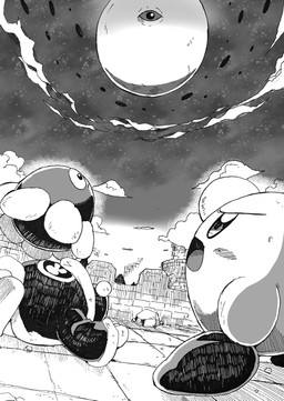 1_eye ambiguous_gender anthro biped blush blush_stickers castle detailed_background determined duo_focus group looking_at_another looking_up outside unconscious mu-u_(artist) kirby's_dream_land_3 kirby_(series) nintendo gooey_(kirby) king_dedede kirby zero_(kirby) avian bird dark_matter_(kirby) eyeball_monster penguin waddling_head 2023 digital_drawing_(artwork) digital_media_(artwork) greyscale hatching_(art) hi_res japanese_description monochrome shaded male_(lore)