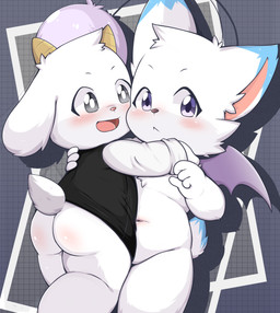 abstract_background ambiguous_gender anthro bat_wings bottomless bottomless_anthro butt chibi clothed clothing duo fur hug male male/male membrane_(anatomy) membranous_wings navel nude_anthro open_mouth shota toddler white_body white_fur wings young young_anthro toruu bovid caprine domestic_cat felid feline felis mammal absurd_res hi_res unavailable_at_source