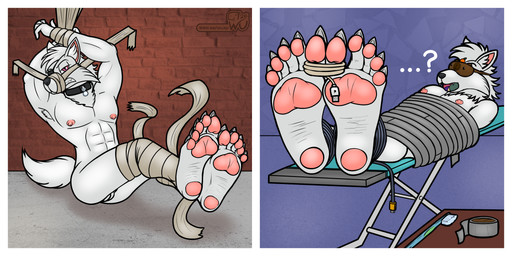 5_toes abs angry ankles_tied anthro areola balls bdsm blindfold bondage bound brush collar collar_only eye_patch eyewear feet fingers foot_focus fur gag gagged genitals hands_tied humanoid_feet improvised_gag legs_tied lying male nipples nude on_back pawpads pecs plantigrade simple_background soles solo tail tape tape_bondage teeth toes toothbrush usb_cable wu_capy canid canine canis mammal wolf absurd_res digital_media_(artwork) hi_res