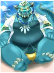 anthro beach belly bulge claws clothed clothing dress_shirt eyebrows eyewear jewelry male musclegut muscular necklace open_clothing open_shirt open_topwear pecs sand seaside shirt sitting solo speedo sunglasses swimwear tail thick_eyebrows topwear yamacon0105 lifewonders mythology tokyo_afterschool_summoners cipactli_(tas) dragon mythological_creature mythological_scalie scalie 3:4 hi_res