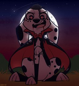 black_body black_fur black_spots blood bodily_fluids bow_(feature) bow_tie cape clothing feral fur markings moon night solo spots spotted_body spotted_fur toony white_body white_fur higglytownhero 101_dalmatian_street 101_dalmatians disney dolly_(101_dalmatians) canid canine canis dalmatian domestic_dog mammal vampire 2019