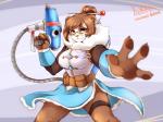 abstract_background alternate_species anthro belt biped bottomwear breasts brown_body brown_fur brown_hair clothed clothing depth_of_field eyewear female fur furrification glasses hair simple_background skirt solo standing text weapon white_body white_fur yellow_eyes warlocknyan blizzard_entertainment overwatch warcraft mei_(overwatch) bear mammal pandaren 2015 absurd_res crossover hi_res signature