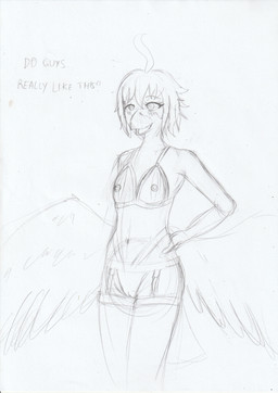 anthro beak blind blush breasts clothing dialogue disability female genitals lingerie nipples small_breasts solo vulva wings arc_rose vanilla_(arcrose) avian bird hi_res monochrome sketch traditional_media_(artwork)