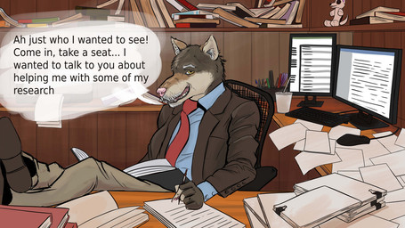 anthro book bookshelf bottomwear brown_body brown_fur clothed clothed_anthro clothed_male clothing collared_shirt desk detailed_background elderly electronics facial_hair feet_on_desk footwear fully_clothed fully_clothed_anthro fully_clothed_male fur furniture inside keyboard male male_anthro messy_room monitor multicolored_body multicolored_fur necktie office open_mouth pants paper pink_nose relaxing shirt shoes sitting solo suit_jacket table talking_to_viewer tan_body tan_fur text topwear writing_utensil kaltag1925 canid canine canis mammal wolf 16:9 english_text widescreen