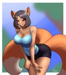 big_breasts blouse blush bottomwear breasts clothing cute_fangs fangs female multi_tail shorts smile solo tail tan_body tan_skin teeth topwear furball nyiminin animal_humanoid canid canid_humanoid canine canine_humanoid fox fox_humanoid humanoid mammal mammal_humanoid 2024 hi_res