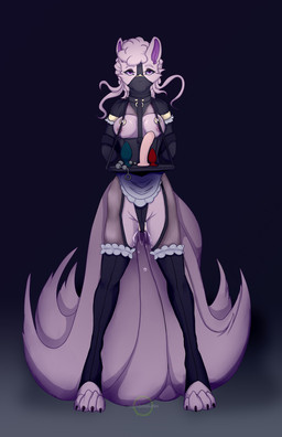 anal_beads anthro anthrofied bdsm bondage bondage_gear bondage_tray bound breasts buttplug clothing dildo female legwear maid_uniform muzzle_(object) muzzled nipples plug_(sex_toy) pokemorph purple_eyes service_slave serving_tray sex_toy small_breasts small_waist solo standing thigh_highs toy_selection tray unchastity uniform heroin-burn nintendo pokemon avery_(dj-w0lf) canid canine fox generation_1_pokemon mammal ninetales pokemon_(species) 2021 hi_res