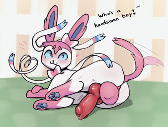 animal_genitalia animal_penis aroused aroused_face aroused_smile backsack balls big_balls big_penis blush bodily_fluids bow_ribbon butt canine_genitalia canine_penis dialogue erection feral flustered genital_fluids genitals knot knotted_penis lying male male_feral on_side pawpads paws penis pink_balls praise_kink precum raised_tail ribbons saggy_balls smile solo tail tail_motion tailwag text throbbing throbbing_knot throbbing_penis duckerzzart nintendo pokemon canid canine eeveelution generation_6_pokemon mammal pokemon_(species) sylveon 2025 digital_media_(artwork) english_text hi_res