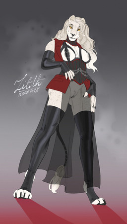 4_toes 5_fingers anthro areola armwear biped black_claws black_clothing black_gloves black_handwear black_legwear black_nose black_thigh_highs breasts claws clothed clothing crotch_apron digitigrade elbow_gloves feet female finger_claws fingerless_gloves fingers freckles fur genitals gloves gradient_background grey_background hair handwear humanoid_genitalia humanoid_vulva ineffective_clothing legwear long_hair looking_at_viewer open_mouth open_smile red_clothing simple_background smile smiling_at_viewer solo standing tail text thigh_highs toe_claws toeless_legwear toes translucent translucent_clothing vulva white_body white_fur white_hair yellow_eyes plgdd felid lion mammal pantherine 2023 absurd_res artist_name dated digital_media_(artwork) full-length_portrait hi_res portrait