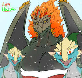 anthro big_breasts bikini bikini_top blue_body blue_scales blue_skin breasts clothing dress fangs female female/female fire flaming_hair folded_wings green_bikini green_bikini_top green_body green_clothing green_scales green_skin green_swimwear grey_body grey_scales grey_skin group hat headgear headwear holidays humanoid_pointy_ears larger_female looking_at_viewer multicolored_body multicolored_clothing multicolored_dress orange_eyes pointy_ears pointy_hat pseudo_hair red_clothing red_dress scales simple_background size_difference small_breasts smaller_female smile snow swimwear teeth trio two-piece_swimsuit white_clothing white_dress wings yellow_body yellow_eyes yellow_scales yellow_skin crimsontyd capcom christmas monster_hunter mythology dragon egyurasu elder_dragon flying_wyvern guanzorumu mythological_creature mythological_scalie scalie absurd_res hi_res