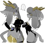 accessory anthro antlers armor armwear big_ears black_armwear black_clothing black_elbow_gloves black_fingerless_gloves black_gloves black_handwear black_topwear black_vest blue_eyes blue_gem bodily_fluids breasts butt clothing crossed_arms crotch_tuft duo elbow_gloves ellipsis eye_contact female female_anthro femboy fingerless_gloves floppy_ears fur gem gloves greaves grey_body grey_fur grey_hair hair hair_accessory hair_ring hand_on_hip hand_on_own_hip handwear heterochromia horn long_ears looking_at_another lop_ears male male/female male_anthro medium_breasts side_view simple_background skindentation skinny_anthro skinny_male slim_anthro slim_female snout sweat sweatdrop tail topwear tuft vest white_background white_capelet wide_hipped_anthro wide_hipped_female wide_hipped_male yellow_antlers dizzyspellss pseudoregalia sybil_(pseudoregalia) sylas_(dizzyspellss) bovid caprine domestic_cat felid feline felis goat lagomorph leporid mammal rabbit 2025 digital_drawing_(artwork) digital_media_(artwork) english_description hi_res portrait three-quarter_portrait