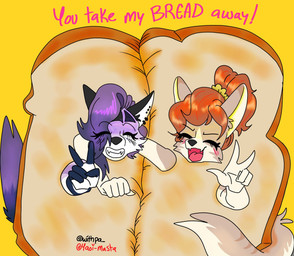 anthro bread clothing costume duo female food food_costume front_view simple_background sunny_flores text yaoi_masta mythology jackie_brulay canid canid_demon canine demon hellhound mammal mythological_canine mythological_creature english_text hi_res