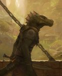 anthro clothed clothing detailed_background frill_(anatomy) green_body green_scales head_crest head_frill long_mouth male melee_weapon membrane_(anatomy) membranous_frill outside scales side_view solo sword weapon yellow_eyes lofi lizard reptile scalie unknown_species 2018 hi_res