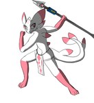 anthro bottomwear clothing loincloth male solo tail weapon white_body mealdragon mythology lamika dragon mythological_creature mythological_scalie scalie hi_res