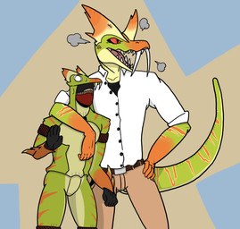 angry anthro belt belt_buckle big_fangs black_clothing black_shirt black_topwear bodily_fluids bone_frill buckle clothing collared_shirt cross-popping_vein curled_tail disguise dress_pants dress_shirt duo faceless_character faceless_male fangs frill_(anatomy) green_body green_clothing green_scales larger_male male male/male mask multicolored_body open_mouth orange_body orange_clothing orange_scales red_eyes scales sharp_teeth shirt simple_background size_difference smaller_male smoke_puff stripes sweat tail tan_body tan_clothing tan_scales teeth topwear crimsontyd capcom monster_hunter bird_wyvern dinosaur dromaeosaurid gendrome genprey human humanoid mammal prehistoric_species reptile saurischian scalie theropod absurd_res hi_res