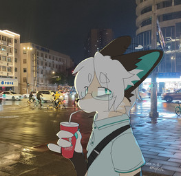 anthro blue_eyes brown_ears clothing collared_shirt container cup drinking eyewear fur glasses hair hair_over_eye male multicolored_body multicolored_fur nails pawpads paws photo_background polo_shirt safety_pin shirt tan_body topwear turquoise_inner_ear white_hair white_hands maplefox canid canine fennec_fox fox mammal true_fox hi_res mixed_media photography_(artwork)