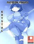 absurd_res anthro big_breasts bigdon1992 blue_body blue_fur blue_hair blue_theme breasts canid canine clothed clothing cool_colors digital_media_(artwork) female fox fur hair hi_res krystal_(star_fox) low-angle_view mammal nintendo patreon patreon_logo skimpy solo star_fox text thick_thighs url white_body white_fur