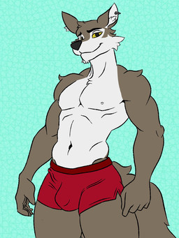 anthro biped boxers_(clothing) brown_body brown_fur bulge clothed clothing fur headgear male male_anthro muscular muscular_male nipples piercing smile solo topless topless_anthro topless_male underwear white_body white_fur yellow_eyes kranlax_karasu epic_games fortnite wendell_(fortnite) canid canine canis mammal wolf hi_res
