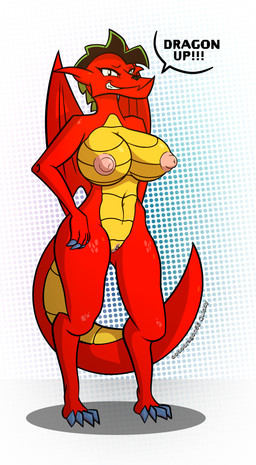 anthro breasts claws crossgender dotted_background female genitals looking_at_viewer mtf_crossgender nipples non-mammal_breasts nude pattern_background pose red_body scales simple_background smile solo speech_bubble tail text ventral_scales vulva wings dododragon56 american_dragon:_jake_long disney mythology jake_long dragon mythological_creature mythological_scalie reptile scalie cel_shading hi_res pinup shaded