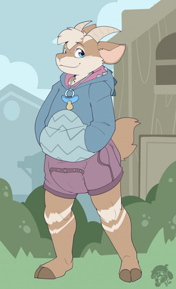 ambiguous_gender anthro blue_pacifier blush blush_lines bottomwear brown_body brown_fur brown_hooves brown_tail building button_(fastener) clean_diaper clothed clothing cloud cloven_hooves detailed_background diaper diaper_under_clothing fur grass hair hand_in_pocket head_horn hoodie hooves horn house logo multicolored_body multicolored_fur outside pacifier pacifier_necklace pink_inner_ear plant pockets purple_bottomwear purple_clothing purple_shorts shark_hoodie shorts shrub shy smile solo standing striped_body striped_fur striped_legs stripes tail tan_body tan_fur tan_hair tan_stripes three-quarter_view topwear two_tone_body two_tone_fur wearing_diaper bubblepuppers goat_(daxter131) bovid caprine goat mammal artist_logo full-length_portrait hi_res portrait
